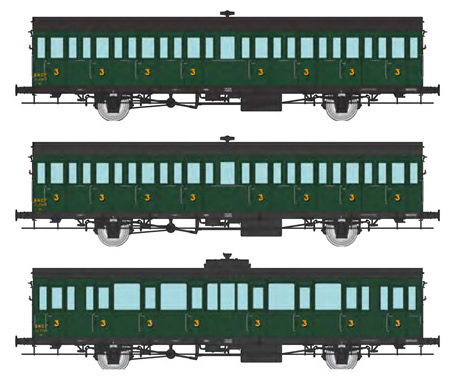 REE Modeles VB-288 - French SNCF Set of three 3 x 15 m 3rd class C8t n°47874, 47909 ex-MIDI and 1 C8t n°47185 ex- PO SNC